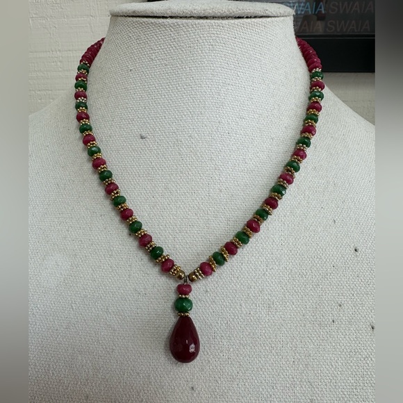 Faceted ruby and emerald bead necklace - Picture 1 of 6